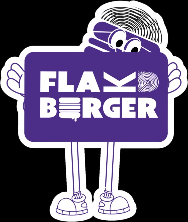 Flaky, the Flak'd mascot, holding a sign
